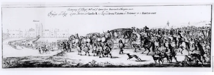 Die Prozession von Karl II. (1630-85) und seiner neuen Königin, Katharina von Braganza (1638-1705) von Portsmouth nach Hampton Court, 1662