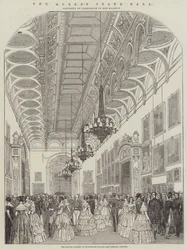 Der Staatsball der Königin, die Bildergalerie im Buckingham Palace, die ankommenden Gäste (Stich)