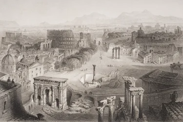 Das Forum Romanum vom Kapitolshügel, Rom, graviert von A. Willmore
