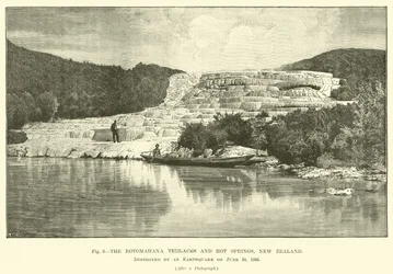 Die Rotomahana-Terrassen und heißen Quellen, Neuseeland, zerstört durch ein Erdbeben am 10. Juni 1886