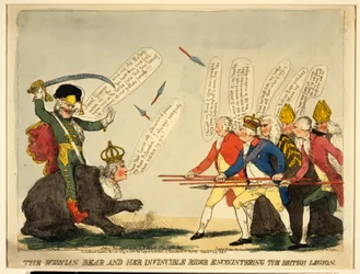 Der russische Bär und ihr unbesiegbarer Reiter treffen auf die britische Legion