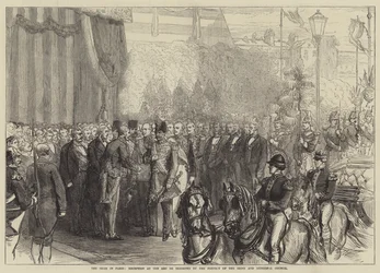 Der Schah in Paris, Empfang am Arc de Triomphe durch den Präfekten der Seine und den Stadtrat (Stich)