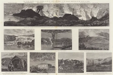 Der Vulkanausbruch des Mount Tarawera im Thermalquellengebiet von Neuseeland, Zerstörung des Dorfes Wairoa
