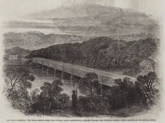Der Krieg in Amerika, die Kettenbrücke über den Potomac oberhalb von Georgetown, Blick auf das Virginia-Ufer (Stich)