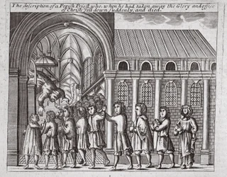 Die Beschreibung eines papistischen Priesters, der, nachdem er die Herrlichkeit und das Amt Christi weggenommen hatte, plötzlich fiel und starb, Illustration aus Acts and Monuments von John Foxe, neunte Ausgabe, veröffentlicht 1684