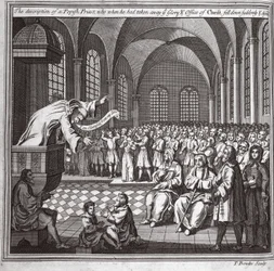 Die Beschreibung eines papistischen Priesters, der, nachdem er die Herrlichkeit und das Amt Christi weggenommen hatte, plötzlich fiel und starb, Illustration aus Foxes Märtyrer, ca. 1703