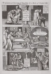 Die Beschreibung der Vergiftung von König Johann durch einen Mönch der Abtei Swinstead in Lincolnshire, Illustration aus Acts and Monuments von John Foxe, neunte Ausgabe, veröffentlicht 1684