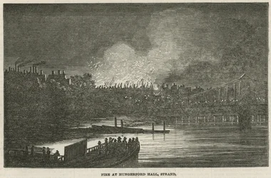 Die Zerstörung von Hungerford Hall durch Feuer, Strand, London