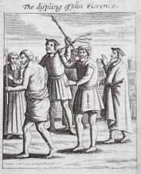 Die Züchtigung von John Florence, Illustration aus Acts and Monuments von John Foxe, neunte Ausgabe, veröffentlicht 1684