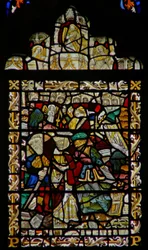 Das Ostfenster, das den heiligen Johannes auf Patmos und Engelmusiker im Baldachin darstellt