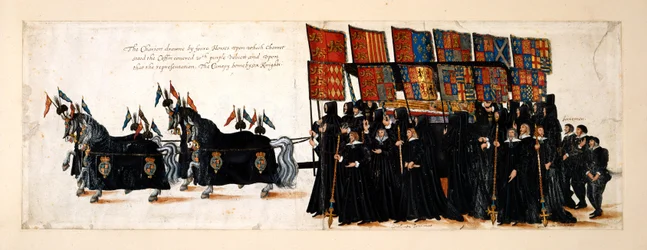 Der Trauerzug von Königin Elisabeth I. zur Westminster Abbey, 28. April 1603. Der Wagen wird von vier Pferden gezogen. Der Sarg ist mit violettem Samt bedeckt, auf dem eine Effigie der Königin liegt. Das Baldachin wird von sechs Rittern getragen, mit Gentl