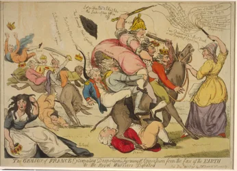 Der Geist Frankreichs, der Despotismus, Tyrannei und Unterdrückung von der Erde ausrottet, oder die königlichen Krieger besiegt, 1792 (handkolorierte Radierung)