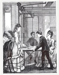 Die Instrumente zur Nachrichtenübermittlung im Post Office Telegraph Headquarters, Telegraph Street, London, aus The Graphic, 1871