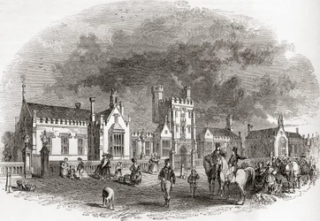 Die alte Bedford School, wieder aufgebaut im späten 19. Jahrhundert, aus "Old England: A Pictorial Museum", veröffentlicht 1847