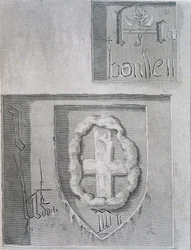 Die Unterschrift von Anne Boleyn mit der Tudor-Rose während ihrer Gefangenschaft im Tower of London und eine andere Gefangenen-Schnitzerei eines Kreuzes, 1815