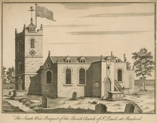Die südwestliche Aussicht auf die Pfarrkirche St. Pauls in Shadwell, London