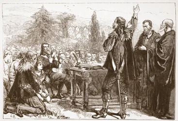 Die Vereidigung und Unterzeichnung des National Covenant auf dem Kirchhof von Greyfriars in Edinburgh, Illustration aus The History of Protestantism von James Aitken Wylie (1808-1890), veröffentlicht 1878