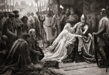 Die Frau von König Edward III., Königin Philippa von Hennegau, bittet ihren Mann, das Leben der sieben Bürger von Calais zu verschonen (Druck)