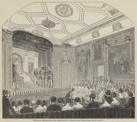 Theateraufführung im Rubens-Saal im Windsor Castle (Stich)