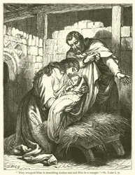 "Sie wickelten ihn in Windeln und legten ihn in eine Krippe", Lukas, ii, 7 (Gravur)