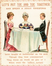 Drei mürrische Personen sitzen am Tisch, Weihnachtskarte