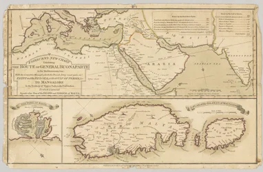 Drei gedruckte farbige Karten: Fairburns Neue Karte, die die Route von General Bonaparte im Mittelmeer zeigt, 1798