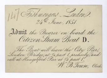 Eintrittskarte für Londoner Fischhändler zur Bootsfahrt auf dem Citizen Dampfschiff, 24. Juni 1851