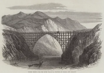 Holzbrücke über den Fluss Wai-Au-Ua, Provinz Nelson, Neuseeland (Stich)