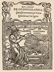 Titelseite für Zwei Bücher der Kosmographie von Hieronymo Girana Tarragones, aus The Narrative and Critical History of America, herausgegeben von Justin Winsor, London, 1886 (Holzschnitt)