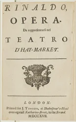 Titelseite aus dem Libretto von Händels Oper Rinaldo, von Giacomo Rossi, 1717
