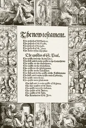 Titelseite von William Tyndales Neuem Testament, gedruckt in den 1530er Jahren, aus 