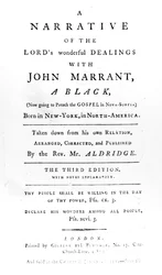 Titelseite zu Ein Bericht über die wunderbaren Fügungen des Herrn mit John Marrant, einem Schwarzen, niedergeschrieben von Reverend William Aldridge, 1785
