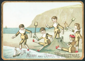 Spielzeug spielt am Strand, Weihnachtskarte