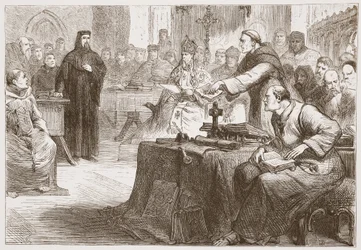 Prozess gegen Wicliffe, Illustration aus Die Geschichte des Protestantismus von James Aitken Wylie, veröffentlicht 1878