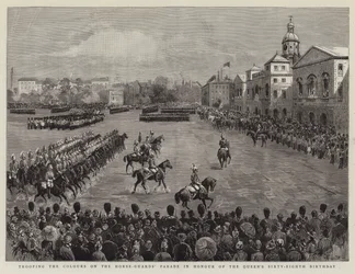 Truppenparade auf dem Horse-Guards-Paradeplatz zu Ehren des 68. Geburtstags der Königin