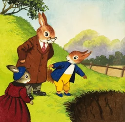 Tufty zeigt auf ein Loch