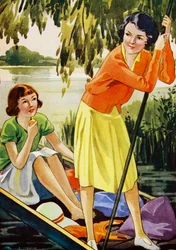 Zwei Mädchen staken auf einem Fluss