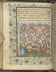 Zwei Männer mit Mörser und Stößel, ein Mann, der eine goldene Urne neben einem Feuer hält, und ein Mann, der einen Topf rührt, aus 