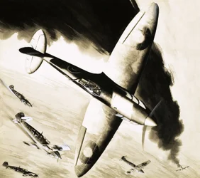 Unidentifizierte Spitfire im Luftkampf mit deutschen Jägern