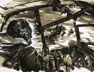 Unidentifiziertes Flugzeug im Sturzflug auf ein Schiff