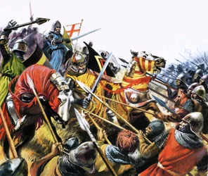 Unbekannte Kampfszene mit gepanzerten Kavalleriepferden gegen Feinde mit Speeren