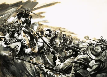 Unidentifizierte Schlacht mit Zulu-Kriegern, möglicherweise Roarke