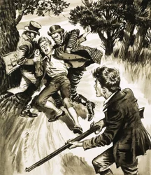 Unidentifizierter Junge mit Waffe hilft einem anderen Jungen, der von Raufbolden angegriffen wird