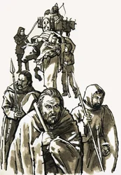 Unidentifizierte Gruppe von Männern mit Ochse und Wagen im Hintergrund