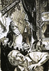 Unidentifizierte Theaterszene, als ein Beleuchtungsgerät auf die Schauspieler auf der Bühne fällt