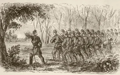 Unionssoldaten auf dem Plateau bei der ersten Schlacht von Bull Run (Lithografie)