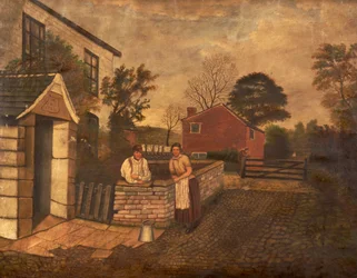 Ohne Titel (drei Figuren vor einem Cottage, datiert 1720), ca. 1830-70
