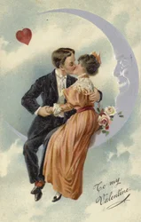 Valentinskarte mit einem Paar, das sich auf dem Mond küsst