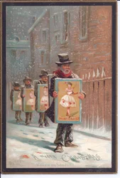 Viktorianische Weihnachtskarte mit vier Männern, die im Schnee gehen und Tafeln tragen, die ein Pantomime bewerben, ca. 1880