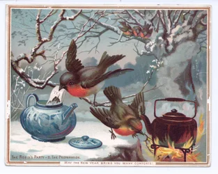 Viktorianische Neujahrskarte von Rotkehlchen, die Tee an einem verschneiten Winterabend machen, ca. 1880